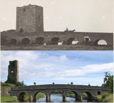 Top: Image of Doonbeg Bridge and Castle in 1903 Bottom:Image of Doonbeg Bridge and Castle today